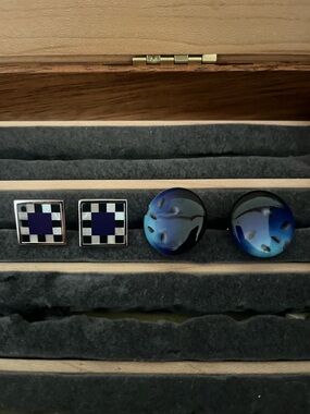 Two pair of unique Men's Blue Art glass and Square Cufflink Set